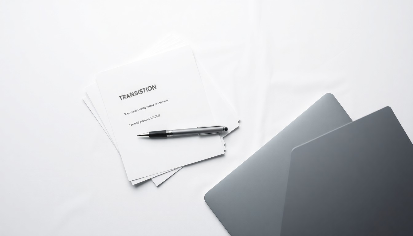 A photorealistic studio still life featuring a stack of financial documents, a pen, and a laptop computer arranged on a clean, white background, symbolizing the resources and technology advisors use to navigate transitions and grow their businesses.