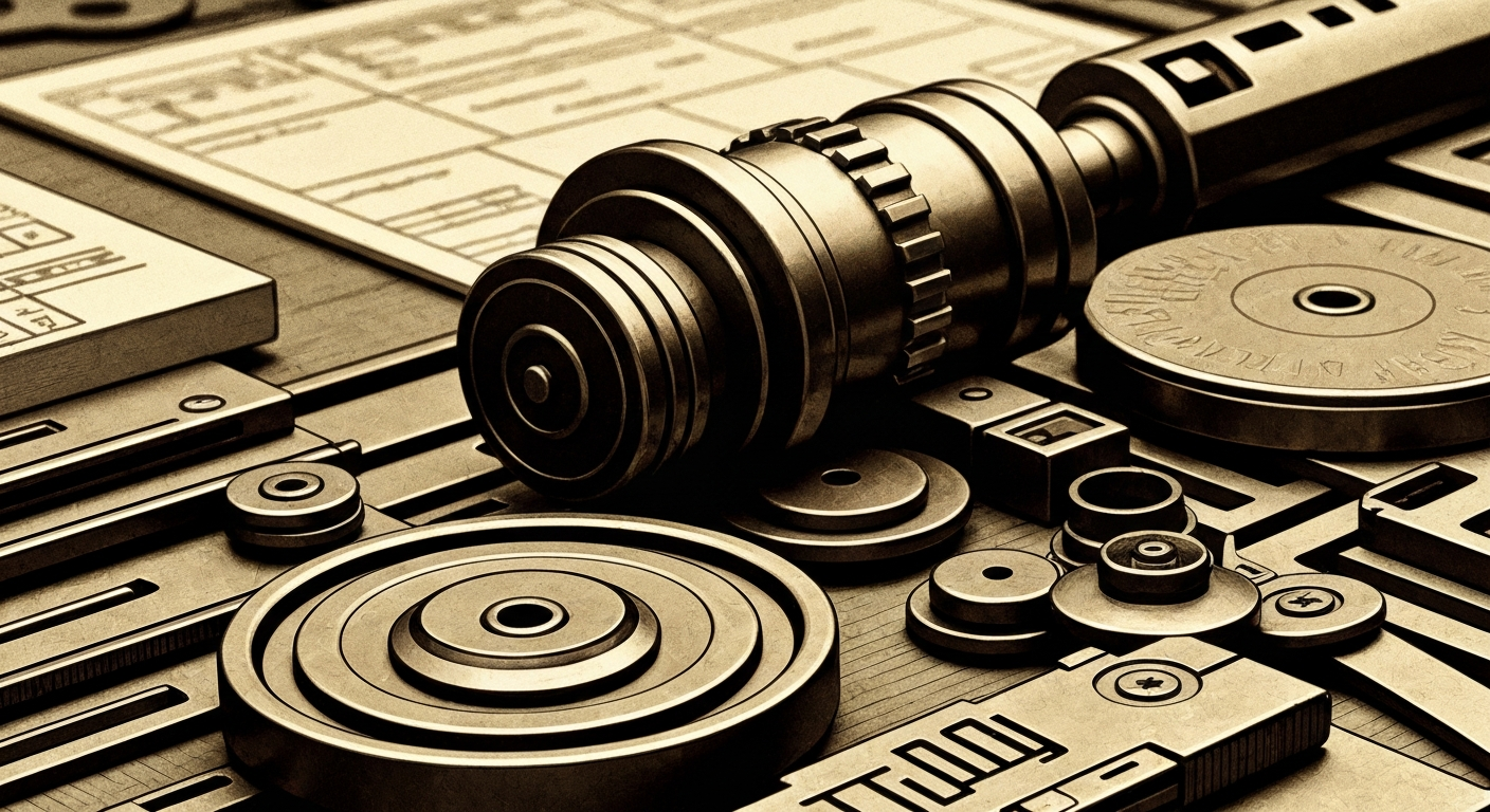 An extreme close-up of gears, levers, and other heavy industrial machinery in muted tones, conceptually representing the complex financial mechanics and outlook for Alaska Air Group.