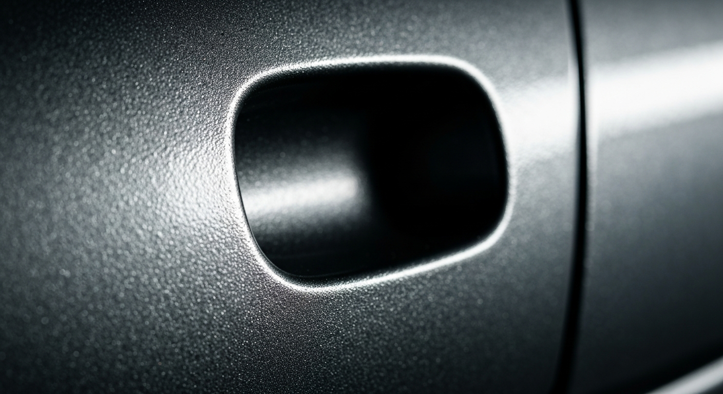 An extreme close-up of a highly textured metal car door handle, with the intricate details and pebbled finish captured in dramatic lighting, conceptually representing Ford's investment in modernizing its product development facilities.