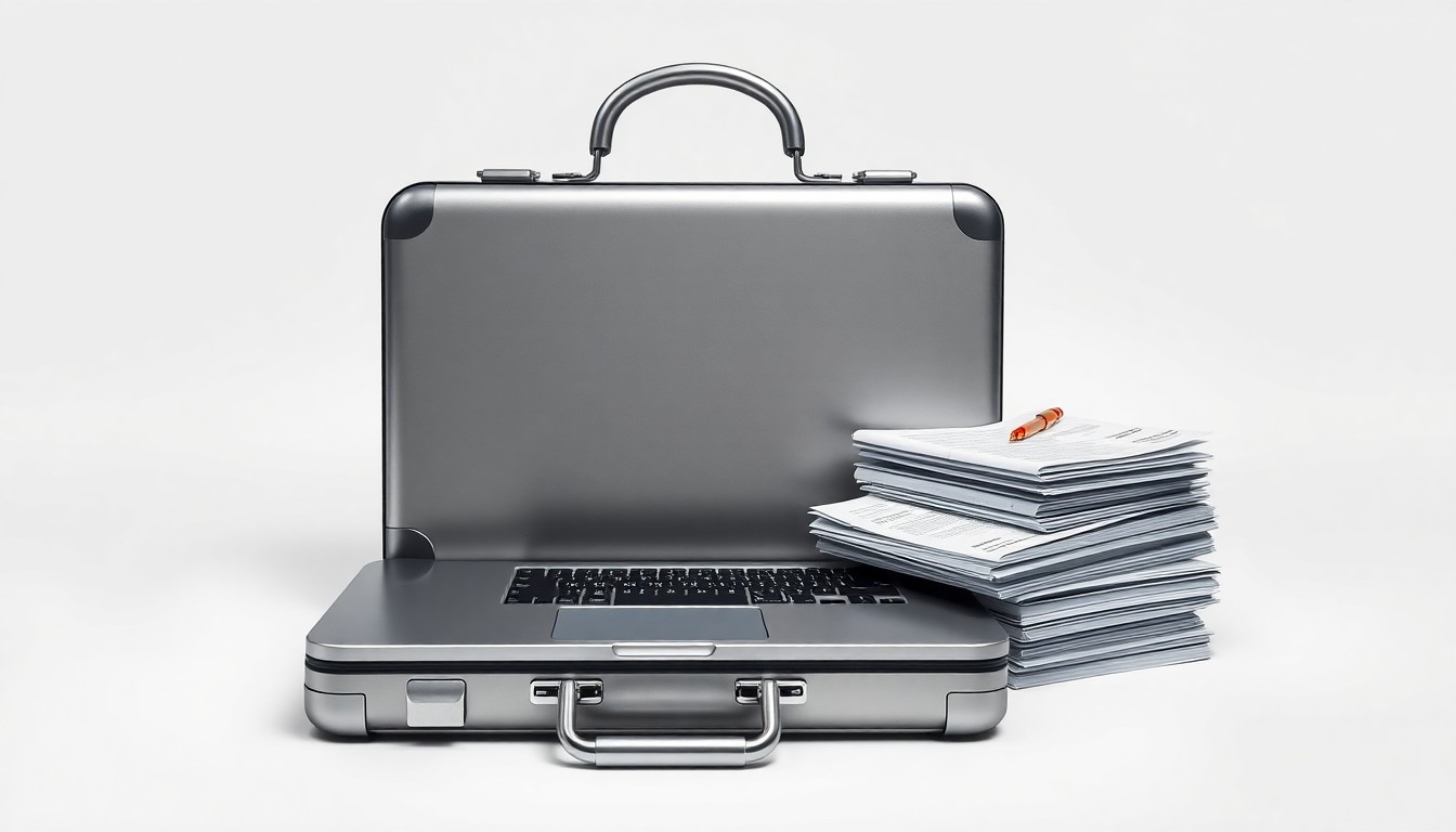 A minimalist, photorealistic studio still life featuring a polished metal briefcase, a sleek laptop, and a stack of financial documents, conceptually representing the strategic and financial responsibilities of Priyanka Singh's new role as EVP of Operations and CFO at Litera.
