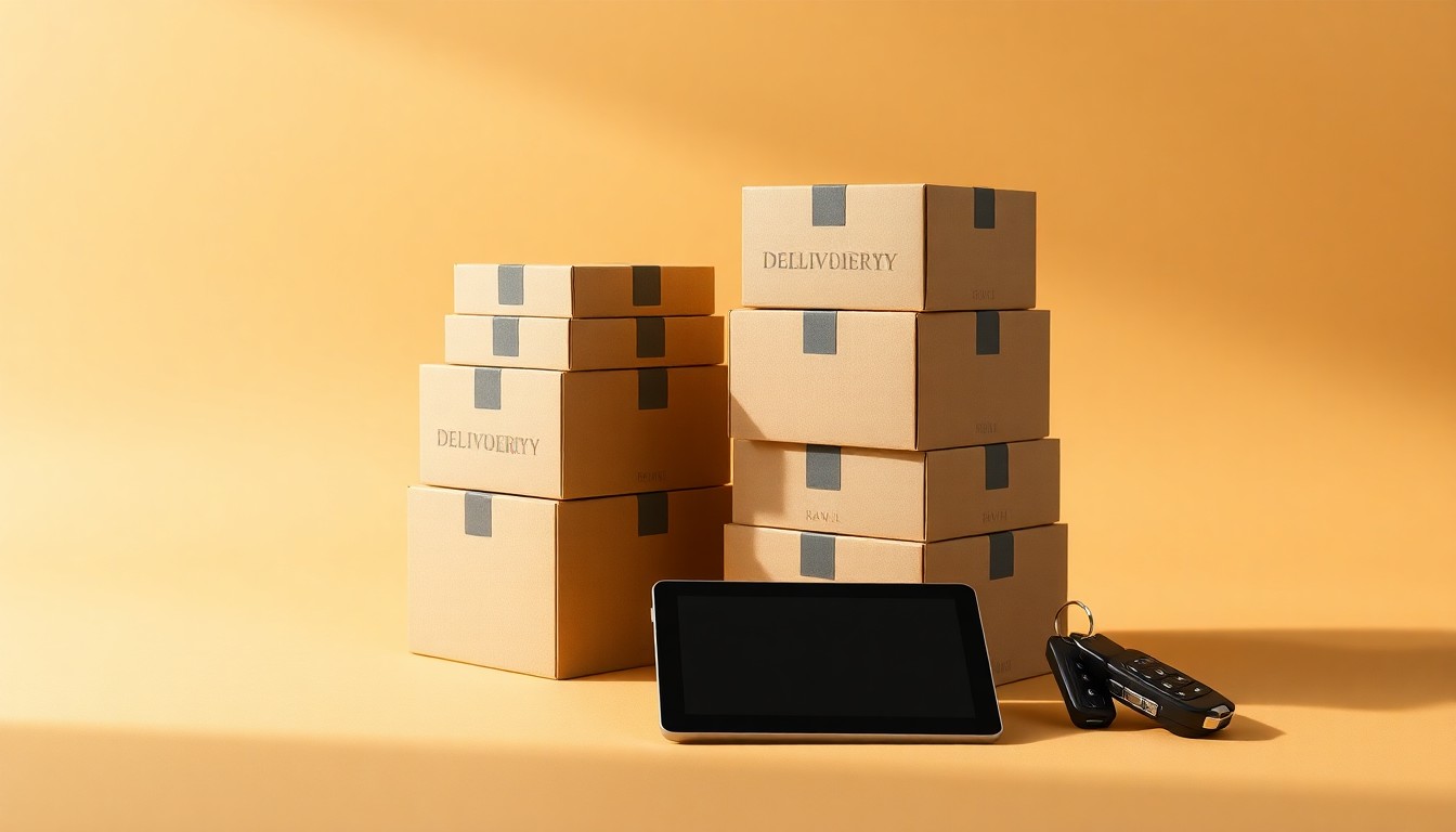 A minimalist studio still life photograph featuring a stack of delivery boxes, a tablet device, and a set of car keys arranged elegantly on a clean, monochromatic background, conceptually representing the financial performance and strategic direction of the food delivery industry.