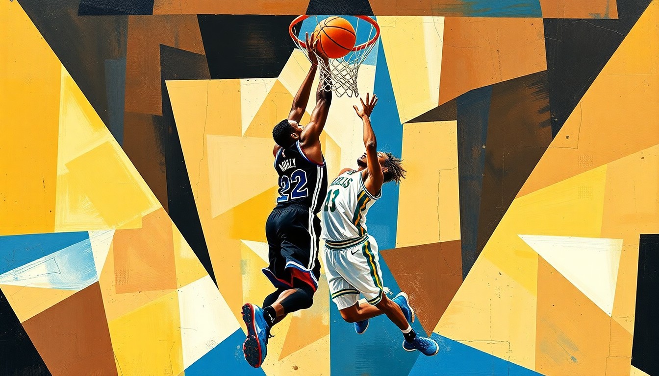 A fractured, cubist-style painting depicting the powerful movements and athleticism of a basketball player, with sharp geometric shapes and planes representing the player's drives, blocks, and rebounds.