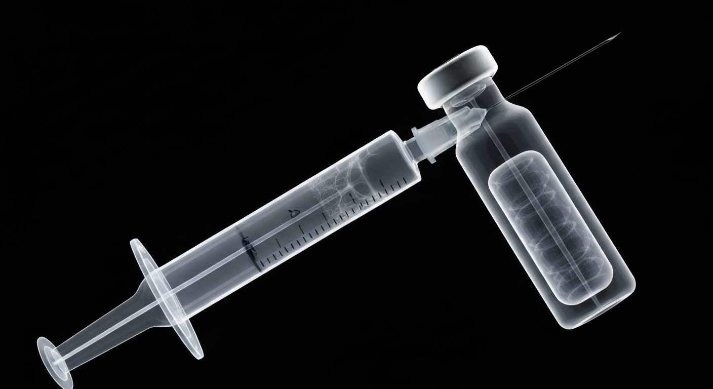 An extreme close-up X-ray photograph showing the intricate internal structure of a COVID-19 vaccine vial and syringe, conveying the scientific complexity behind the shots.