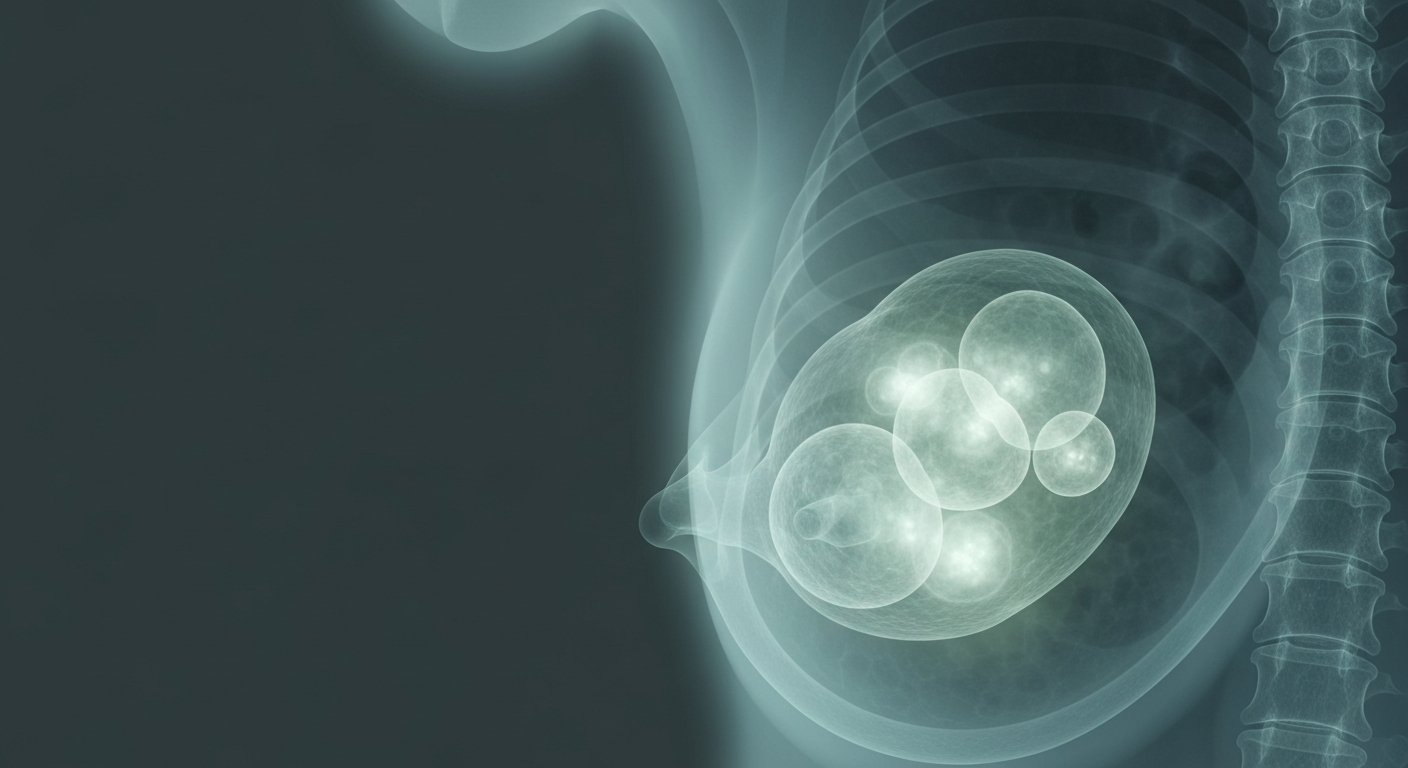 A translucent X-ray-style image revealing the internal structures of a human breast, with faint outlines highlighting tumor formations, conveying the clinical and investigative nature of a new AI-powered breast cancer diagnostic tool.