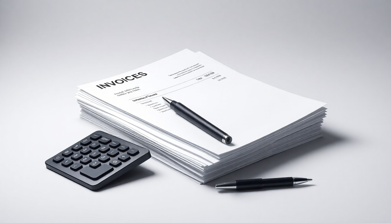 A photorealistic studio still life featuring a stack of invoices, a calculator, and a pen arranged on a clean, monochromatic background, conceptually representing the automation of accounts payable processes.