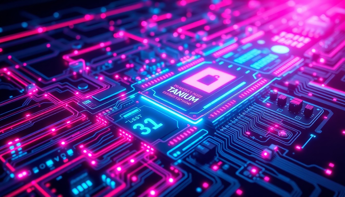 A highly detailed, glowing 3D illustration of a complex network of interconnected hardware components and data streams pulsing with neon cyan and magenta lights, conceptually representing the power and sophistication of Tanium's enterprise-grade security solutions.