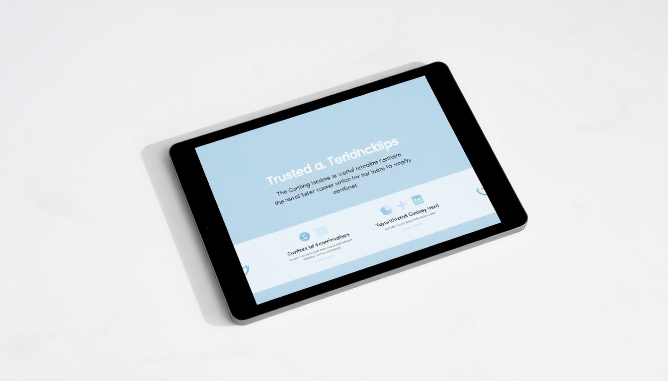 A minimalist, high-end studio photograph showing a modern tablet device resting on a clean white surface, with a simple, elegant interface displayed on the screen, conveying the idea of trusted technology-enabled senior care coordination.