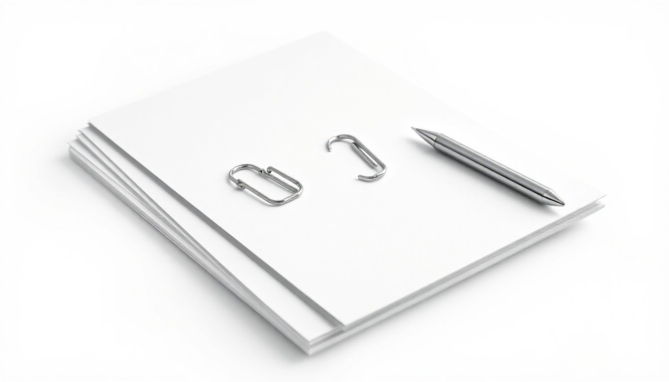 A high-end, photorealistic studio still-life featuring a stack of financial documents, a metal paperclip, and a polished steel pen arranged elegantly on a clean white background, conceptually representing the sophisticated private equity investment process.