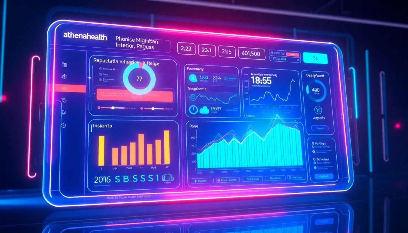 A highly detailed, glowing 3D illustration of a futuristic medical dashboard interface, with pulsing neon lights and holographic data visualizations, conceptually representing the integration of AI-powered reputation management into athenahealth's healthcare technology platform.