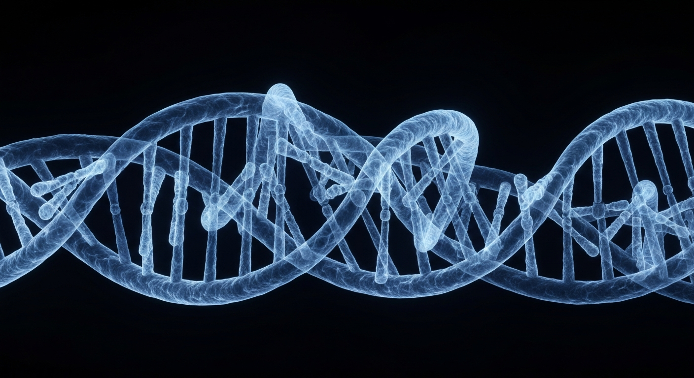 A ghostly, translucent X-ray photograph of a DNA double helix structure, glowing with an ethereal blue light against a dark background, conceptually representing the power of data and evidence in personalized medicine.