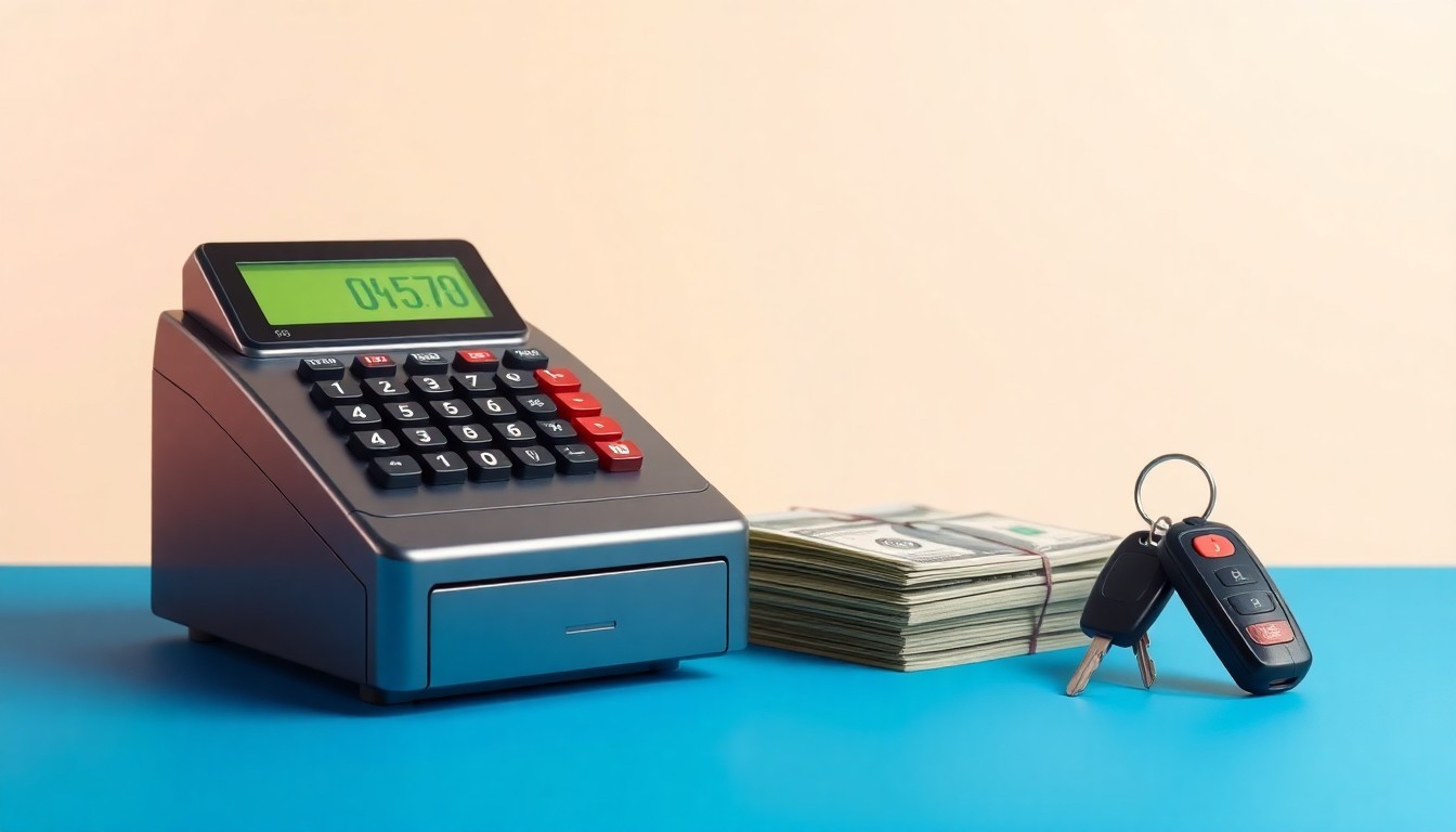 A minimalist, high-end studio photograph featuring a sleek cash register, a stack of dollar bills, and a set of car keys, symbolizing the financial success and growth of the Casey's convenience store chain.