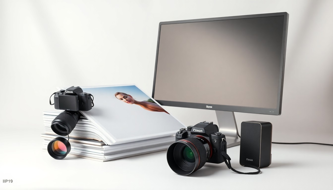A photorealistic studio still life featuring a stack of large-format print samples, a high-end camera, and a sleek desktop monitor, conceptually representing the technology and craftsmanship of the large-format printing industry.