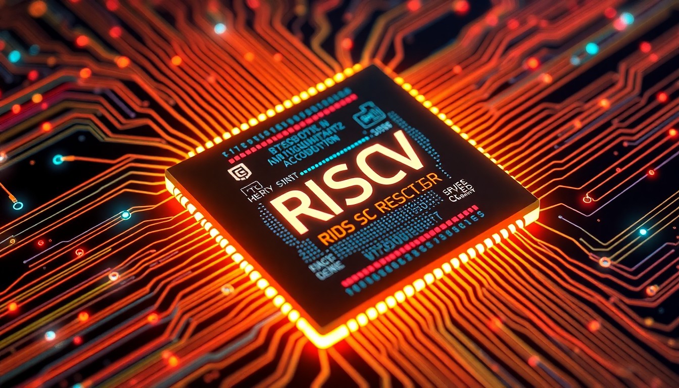 A highly detailed, glowing 3D illustration of a RISC-V processor chip with intricate circuit patterns and pulsing neon-colored lights, conceptually representing the advanced technology powering SiFive's data center solutions.