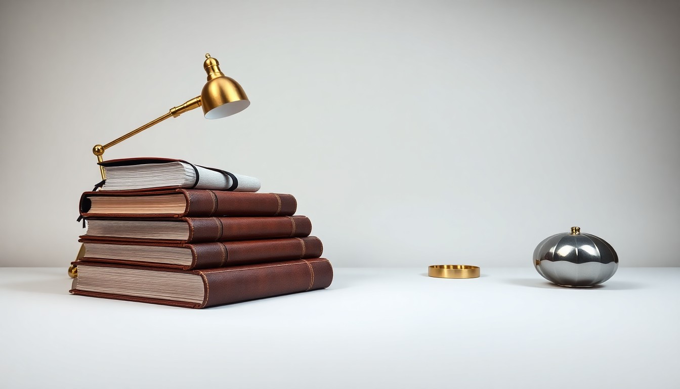 A high-end, photorealistic studio still-life featuring a stack of premium leather-bound accounting ledgers, a brass desk lamp, and a polished metal paperweight, symbolizing the global reach and quality of Andersen Global's professional services.