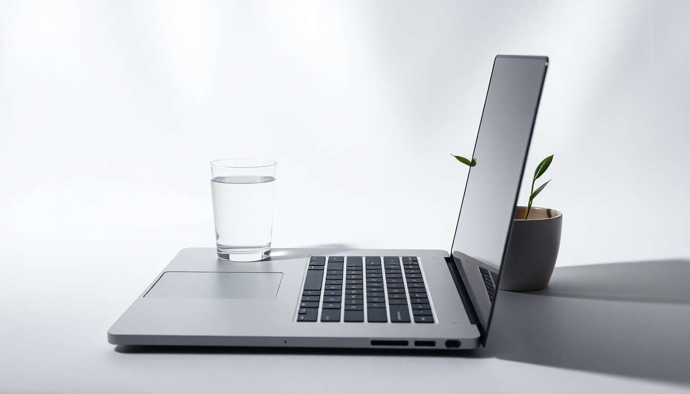 A minimalist, photorealistic studio still life featuring a sleek laptop, a glass of water, and a small potted plant, symbolizing the abstract concepts of corporate strategy and technology.