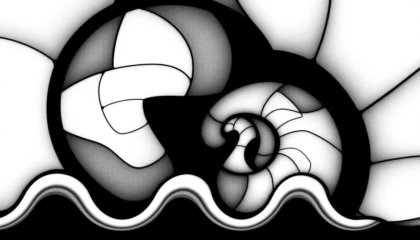 A striking black-and-white photograph featuring a complex, abstract pattern of intersecting geometric shapes and wave-like forms, conveying the intricate hidden structures and evolutionary forces that shaped an ancient marine creature.