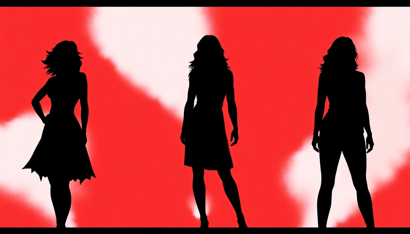 A minimalist, abstract illustration featuring three distinct black silhouettes against a striking red and white background, conceptually representing the three ex-wives of Dr. Daniel Charles from the TV series Chicago Med.