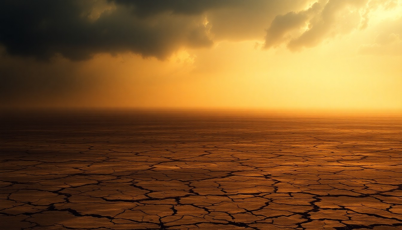 A vast, atmospheric landscape painting depicting a parched, cracked earth under a hazy, oppressive sky, conveying the overwhelming scale and melancholic impact of the drought on the region.