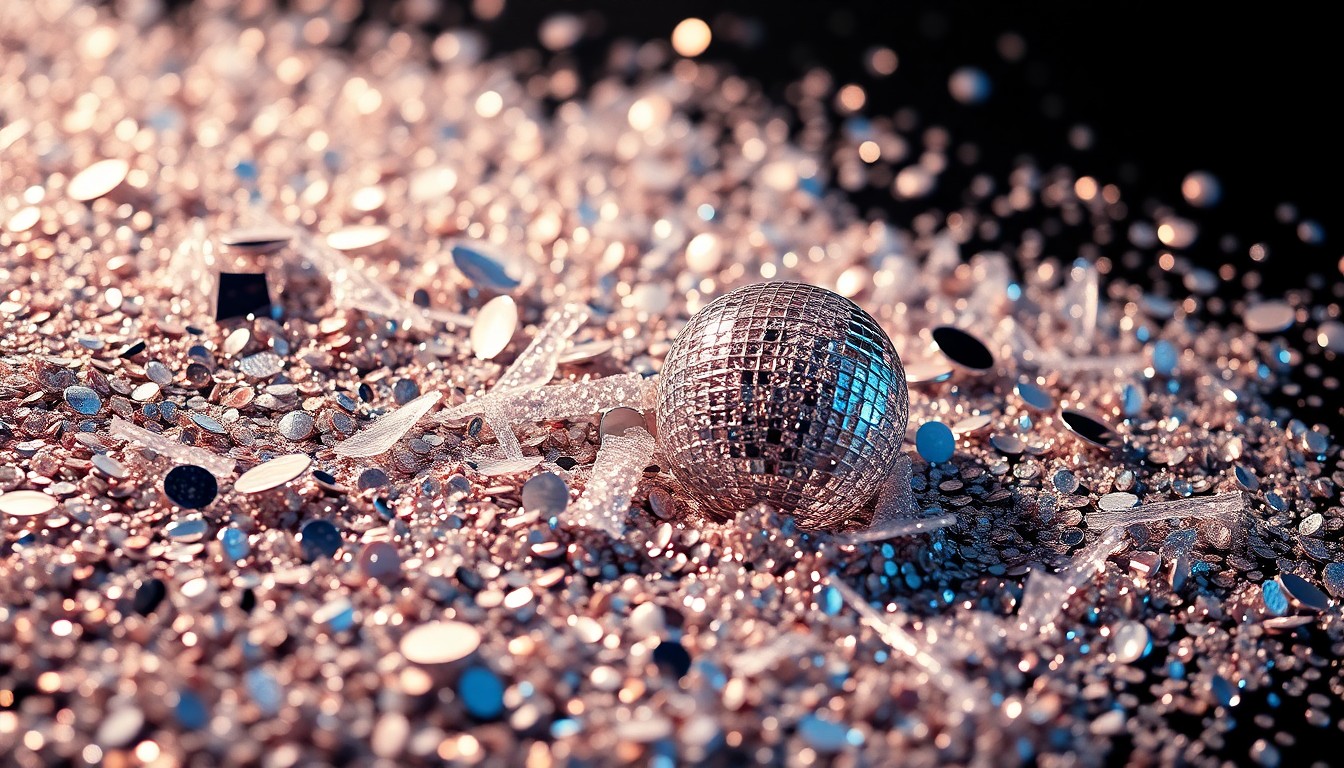 An abstract close-up image of shimmering sequins and shattered glass, captured in dramatic high-contrast lighting to evoke the glamour and fragility of celebrity culture.