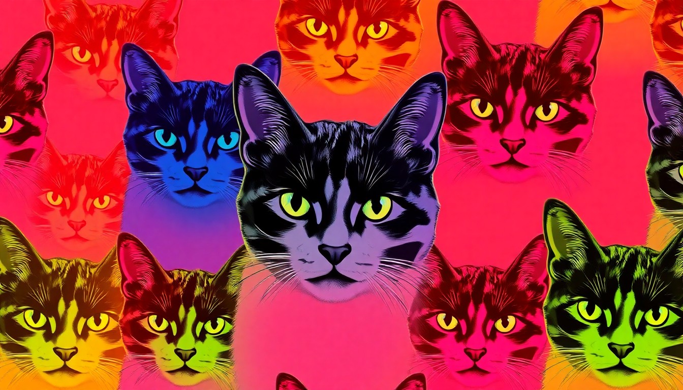 A high-contrast, silkscreen-style illustration of a tuxedo cat's face repeated in a grid pattern, rendered in a bold, neon color palette that transforms the everyday feline into a modern pop art icon.