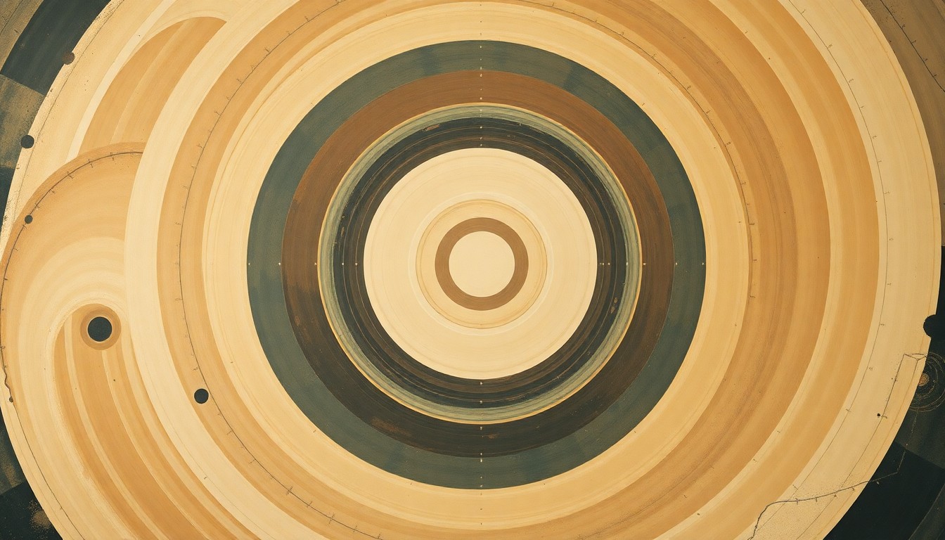 A bold, abstract painting in soft earth tones featuring sweeping geometric arcs, concentric circles, and precise botanical spirals, conceptually representing the complex forces and concepts of space exploration.