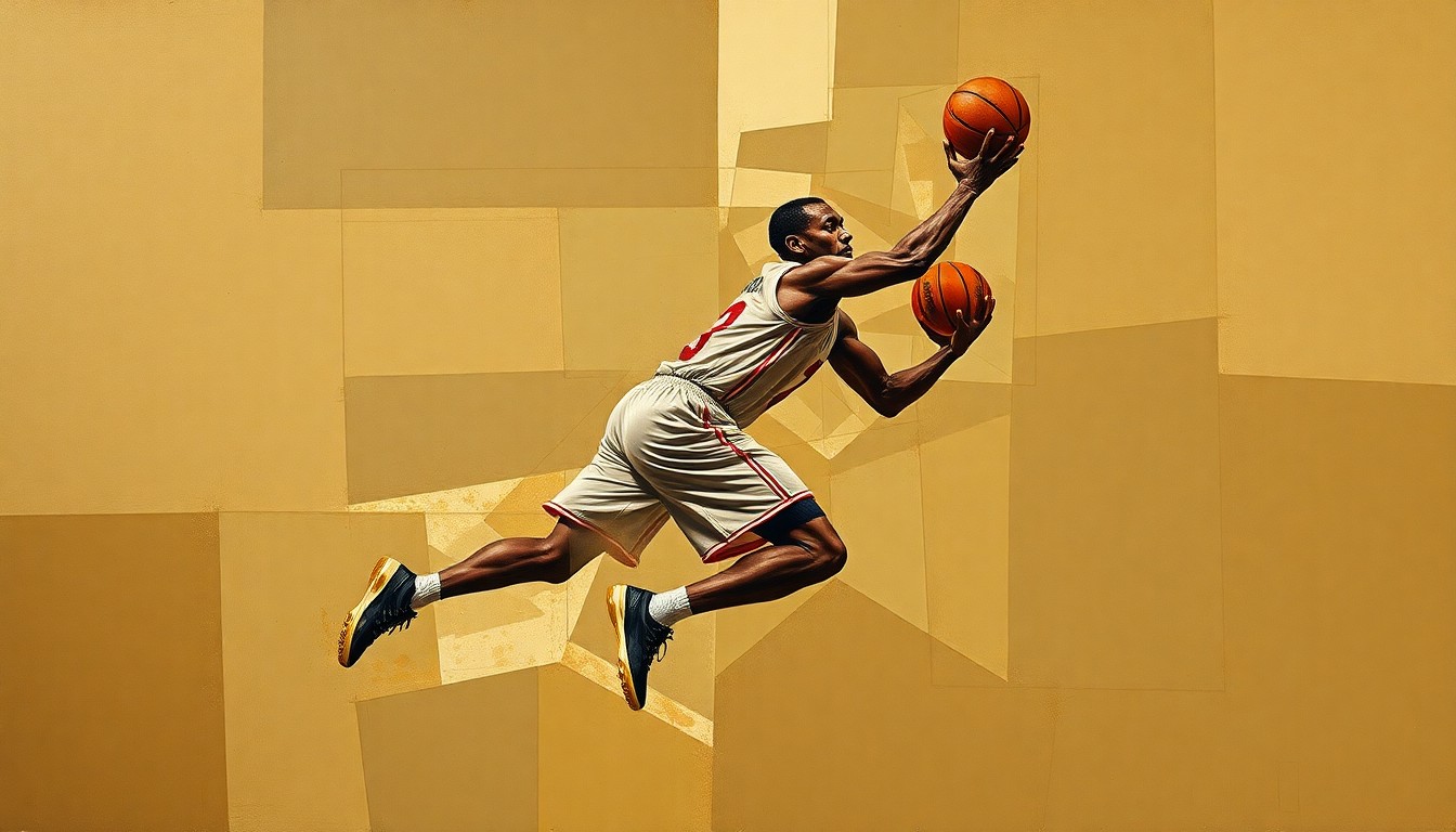 A fractured, multi-perspective painting depicting a basketball player's movement and recovery process, broken down into sharp, overlapping geometric planes in muted earth tones.