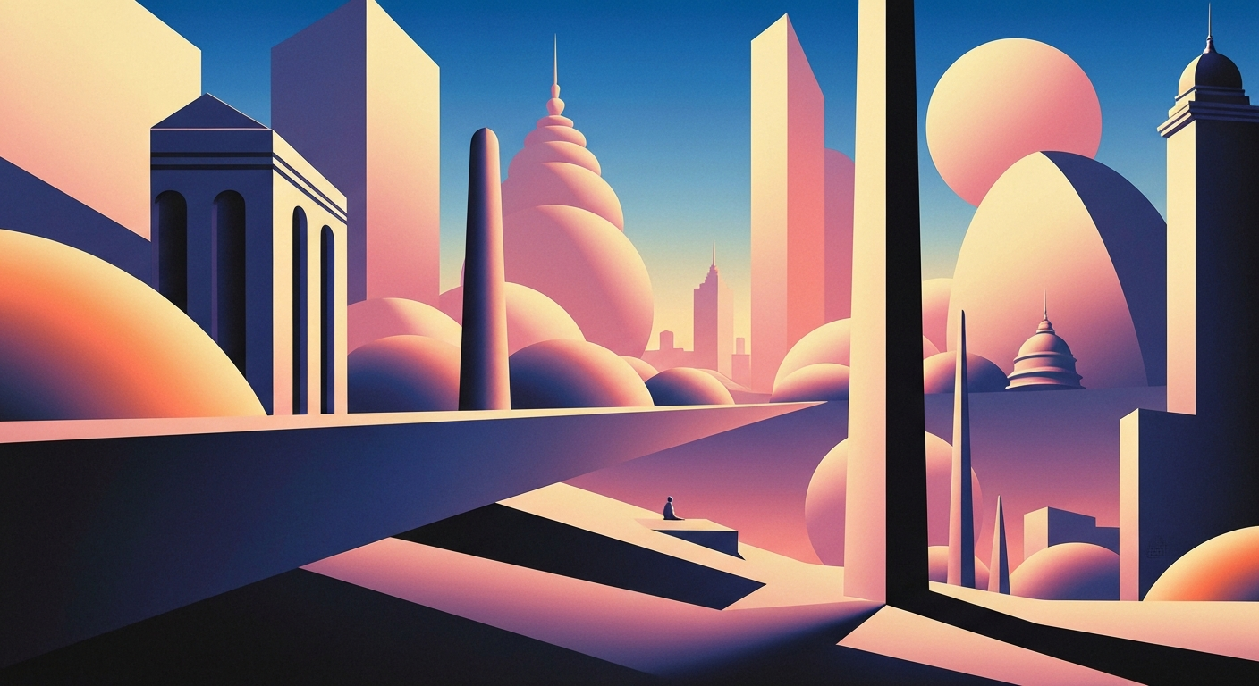 A highly stylized, geometric illustration depicting the grand, sweeping architecture and design of a modern airport terminal, with smooth gradients and streamlined forms conveying a sense of travel and movement.