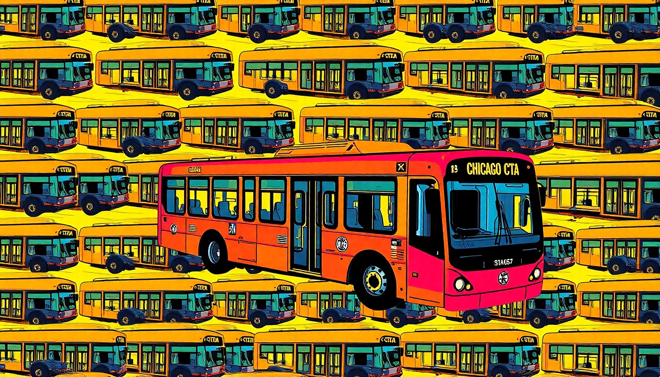 A grid of stylized, silkscreen-like images of a Chicago CTA bus in bright, neon colors, conceptually representing the new bus route serving the Obama Presidential Center.