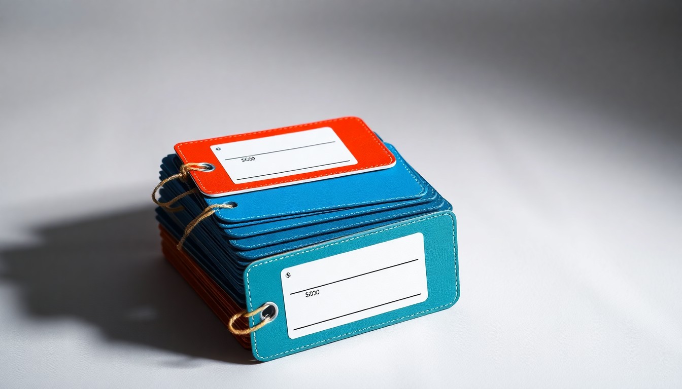 A minimalist studio still life photograph featuring a stack of neatly folded airline luggage tags in various colors, arranged in an elegant, symmetrical composition on a clean, monochromatic background, conceptually representing the financial pressures facing the aviation industry.