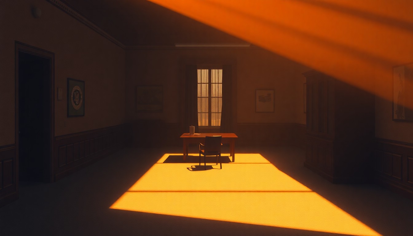 A dimly lit, cinematic government office with a lone desk and chair, the space bathed in warm, diagonal sunlight and deep shadows, conceptually representing the shadowy nature of foreign influence in U.S. politics.