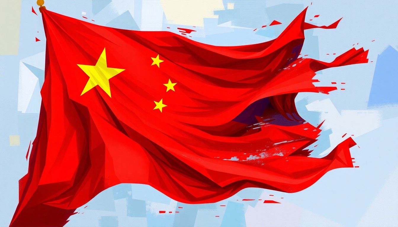 A dynamic, abstract painting featuring overlapping, geometric waves of red, yellow, and blue colors representing a Chinese flag in motion, conveying a sense of political instability and foreign interference.