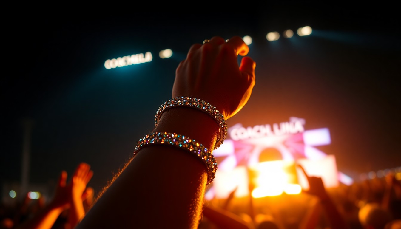 An extreme macro photograph of intricately patterned festival wristbands and bracelets, their metallic and gemstone textures glittering under dramatic studio lighting, conveying the glamour and excitement of the Coachella music festival.