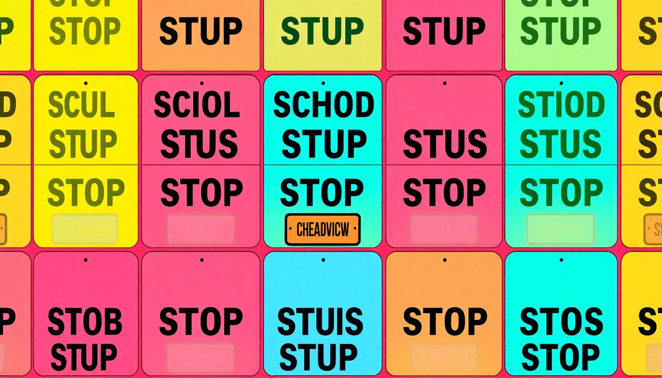 A brightly colored, high-contrast silkscreen print of a school bus stop sign repeated in a tight grid pattern, capturing the bold, graphic style of pop art to represent the city's new traffic safety initiative.