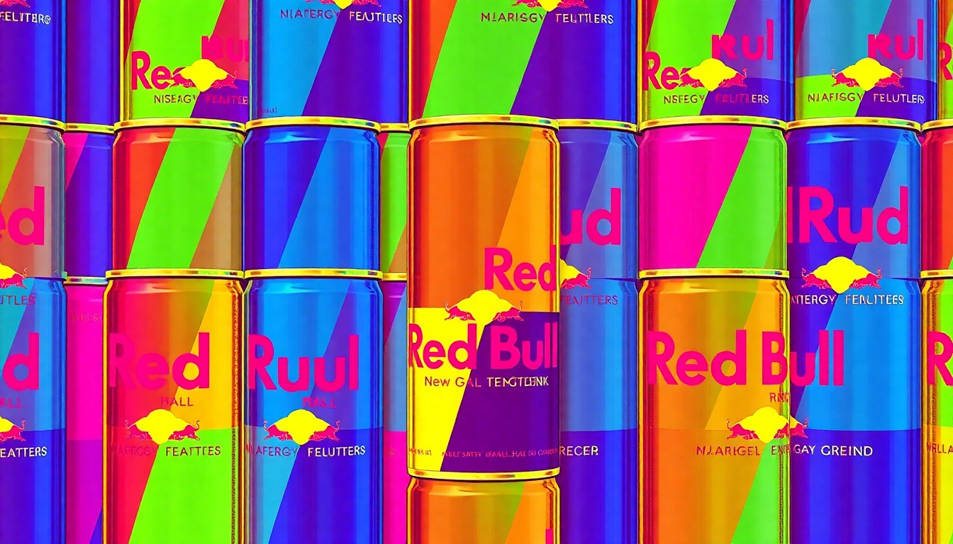 A brightly colored, high-contrast silkscreen print of a single, iconic Red Bull energy drink can repeated in a tight grid pattern, utilizing flat, vibrant, and unnatural neon color palettes overlapping with heavy black photographic outlines to turn the everyday consumer product into modern pop art.