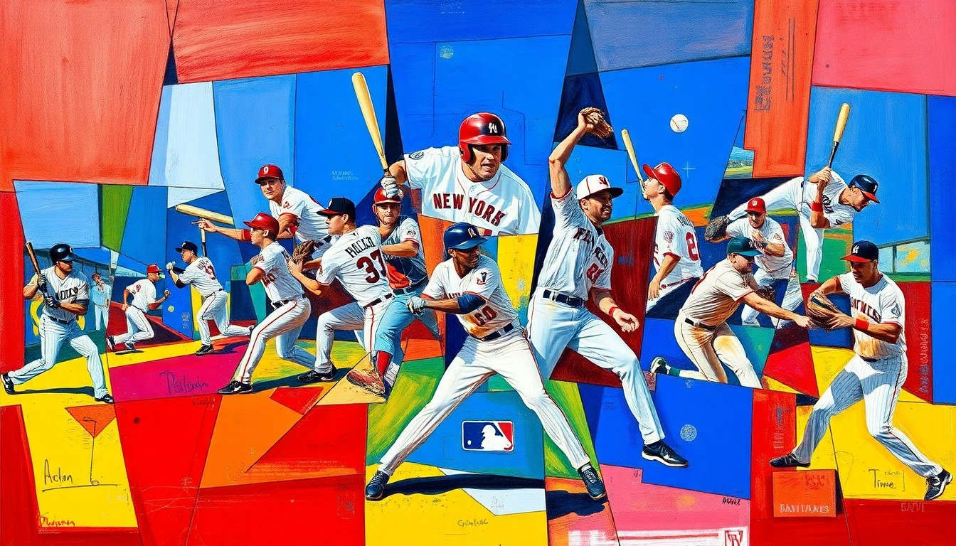 A fragmented, geometric painting depicting various baseball players, teams, and actions in a cubist style, using bold colors and sharp, overlapping shapes to capture the variety of the 2026 City Connect uniform designs.