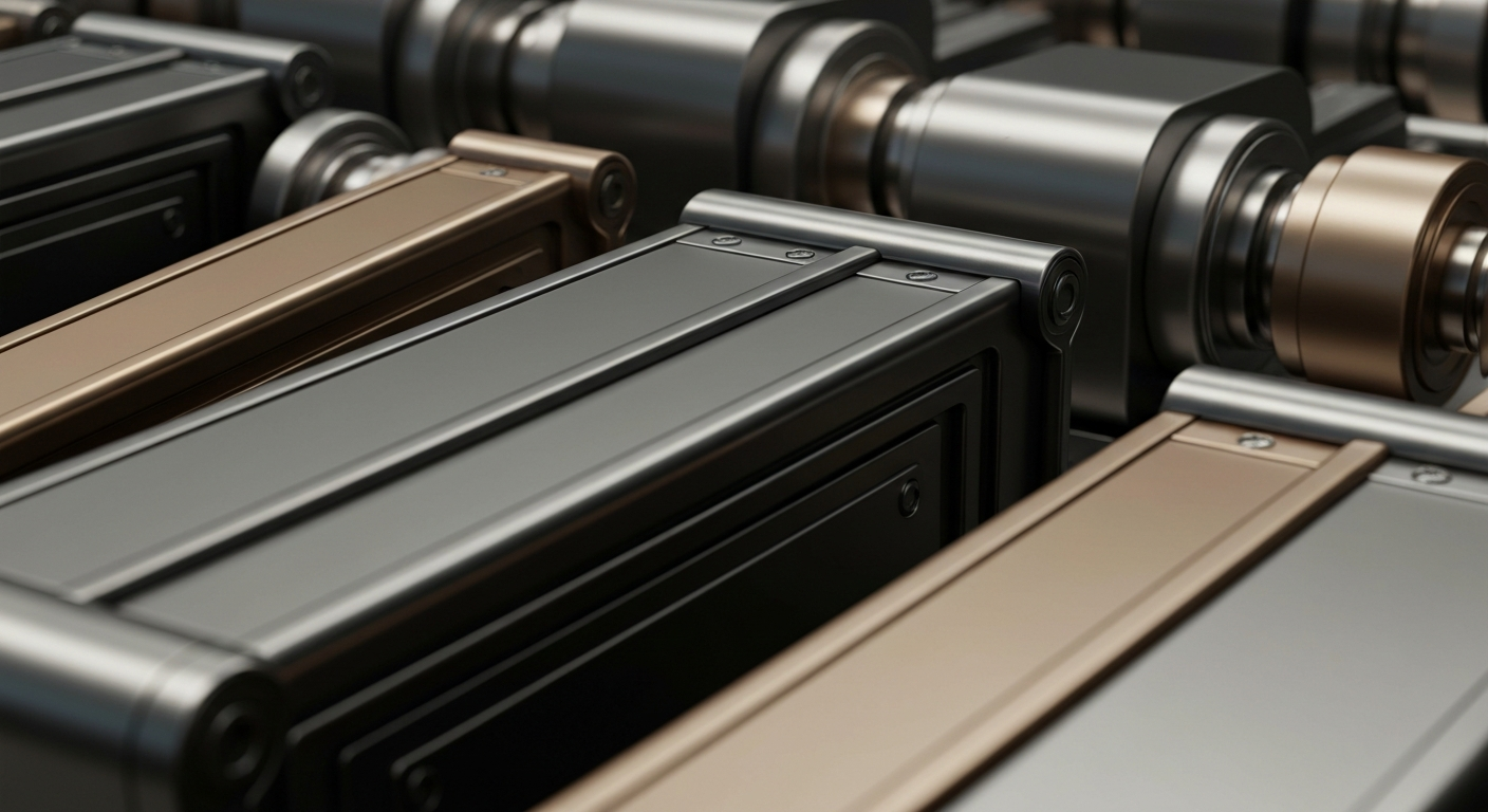 An extreme close-up of heavy, polished banking machinery and equipment in shades of steel gray, bronze, and black, conceptually representing the secure, powerful infrastructure of financial institutions.