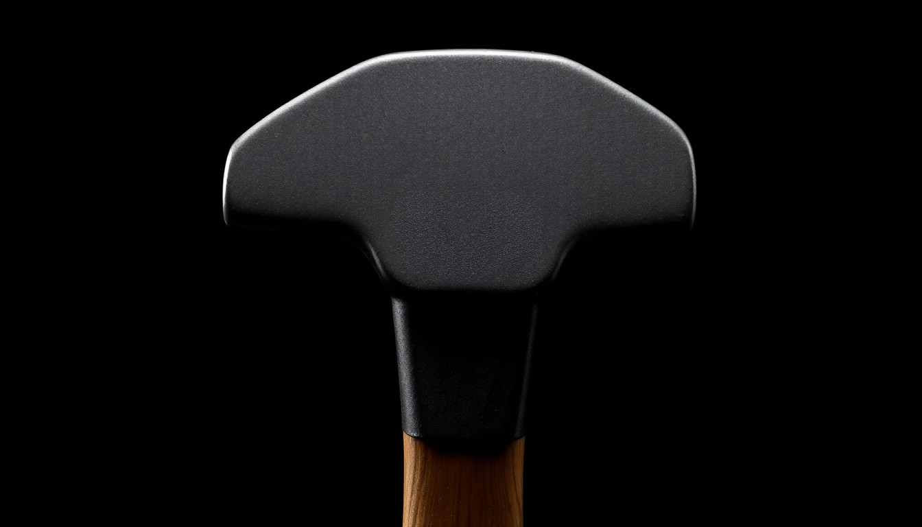 An extreme close-up photograph of a sledgehammer head against a pitch-black background, lit by a harsh, direct camera flash, conceptually illustrating the dangerous weapon used in a domestic dispute.