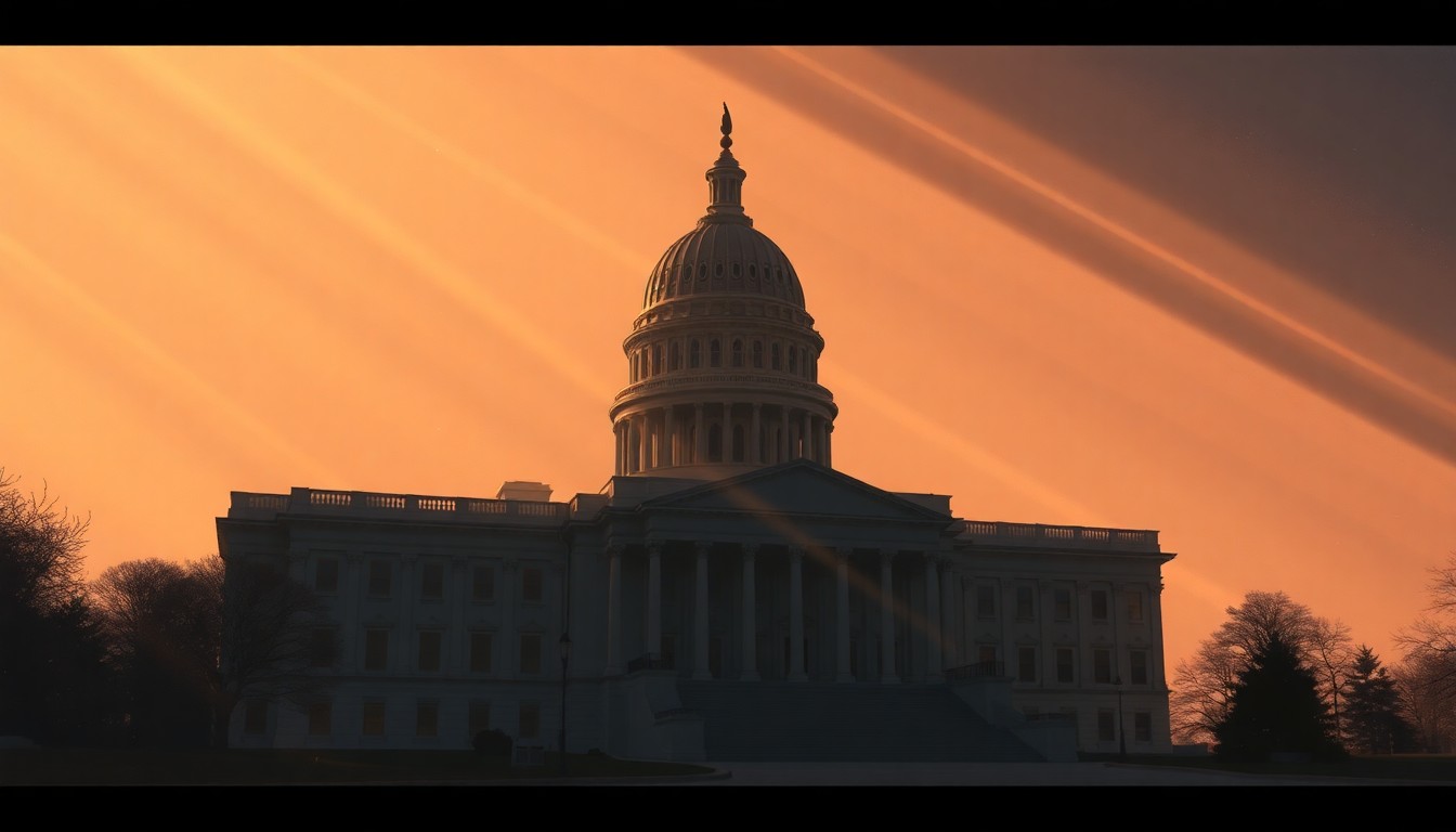 A serene, cinematic painting of a state capitol building in warm, golden light, with deep shadows casting a somber mood, conveying the political tensions surrounding the budget debate.
