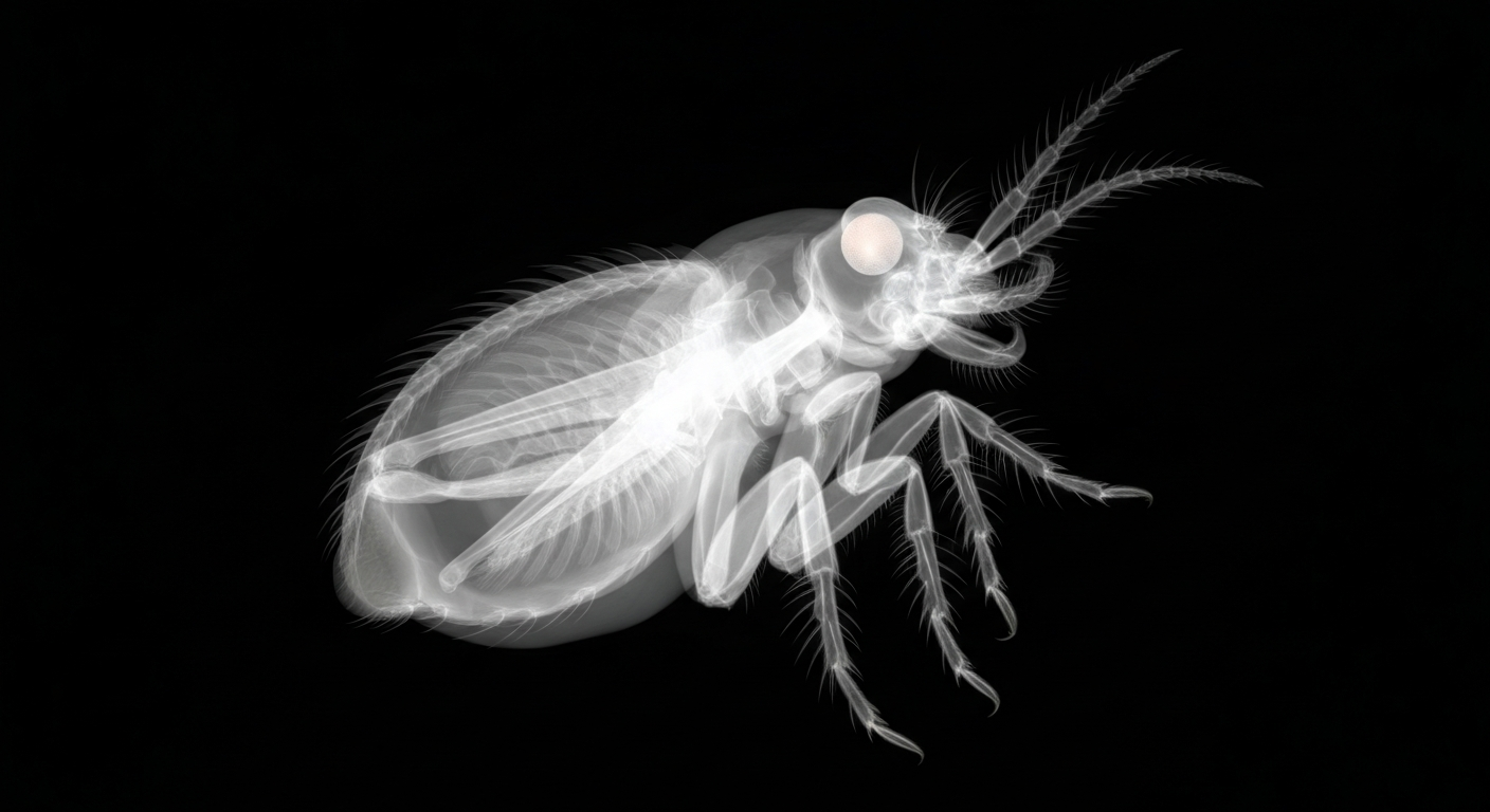 A highly detailed, translucent X-ray photograph showing the intricate internal structure of a flea, with its ghostly silhouette and glowing skeletal features against a dark background, conceptually representing the hidden threat of flea-borne diseases.