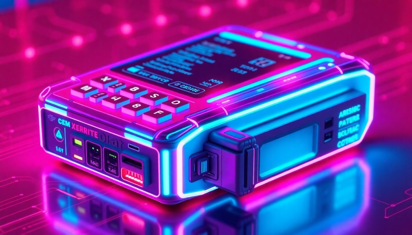 A highly detailed, glowing 3D illustration of a futuristic payment terminal or digital wallet interface, with neon cyan and magenta lights illuminating the various ports, chips, and circuits. The device appears to be processing a transaction, with data streams and transaction details visible on the display.