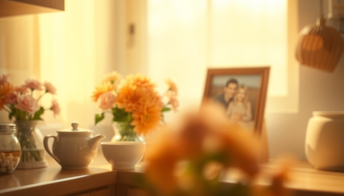 An extremely abstracted, out-of-focus photograph in soft pools of warm color and light, depicting a cozy, domestic lifestyle scene conceptually representing the life and legacy of Martha Royall.