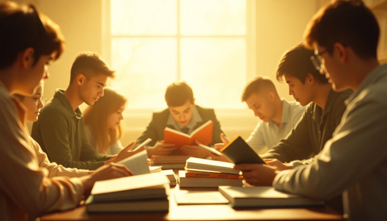 An abstract, out-of-focus scene of students gathered around a table, their faces obscured in a warm, hazy light, conceptually representing the contemplative and intellectual atmosphere of the writers' festival.