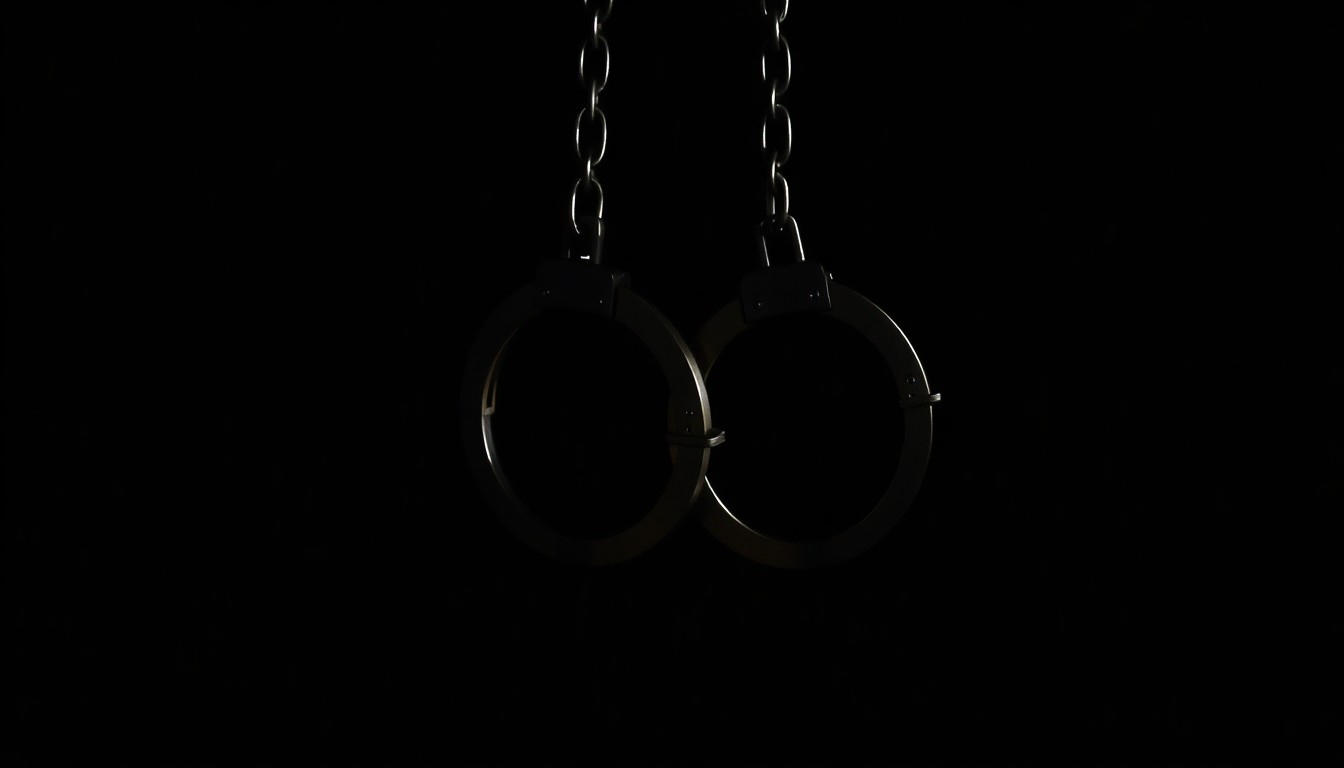An extreme close-up photograph of a set of handcuffs against a pitch-black background, capturing the stark, gritty, and investigative nature of this crime story.