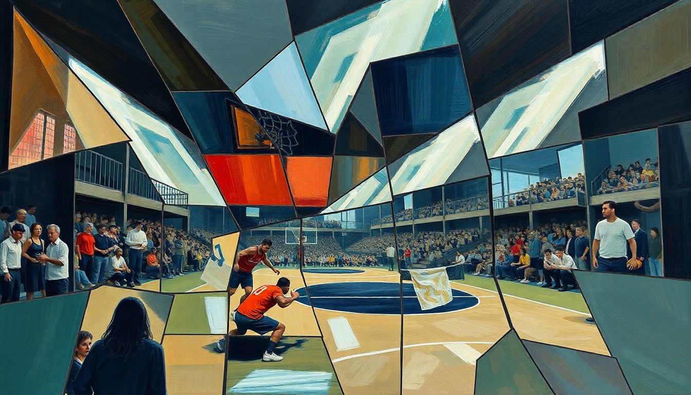 A fragmented, geometric painting depicting the dynamic movements and interactions of a prison sports game, rendered in a cubist style that captures the energy and complexity of the rehabilitation program.