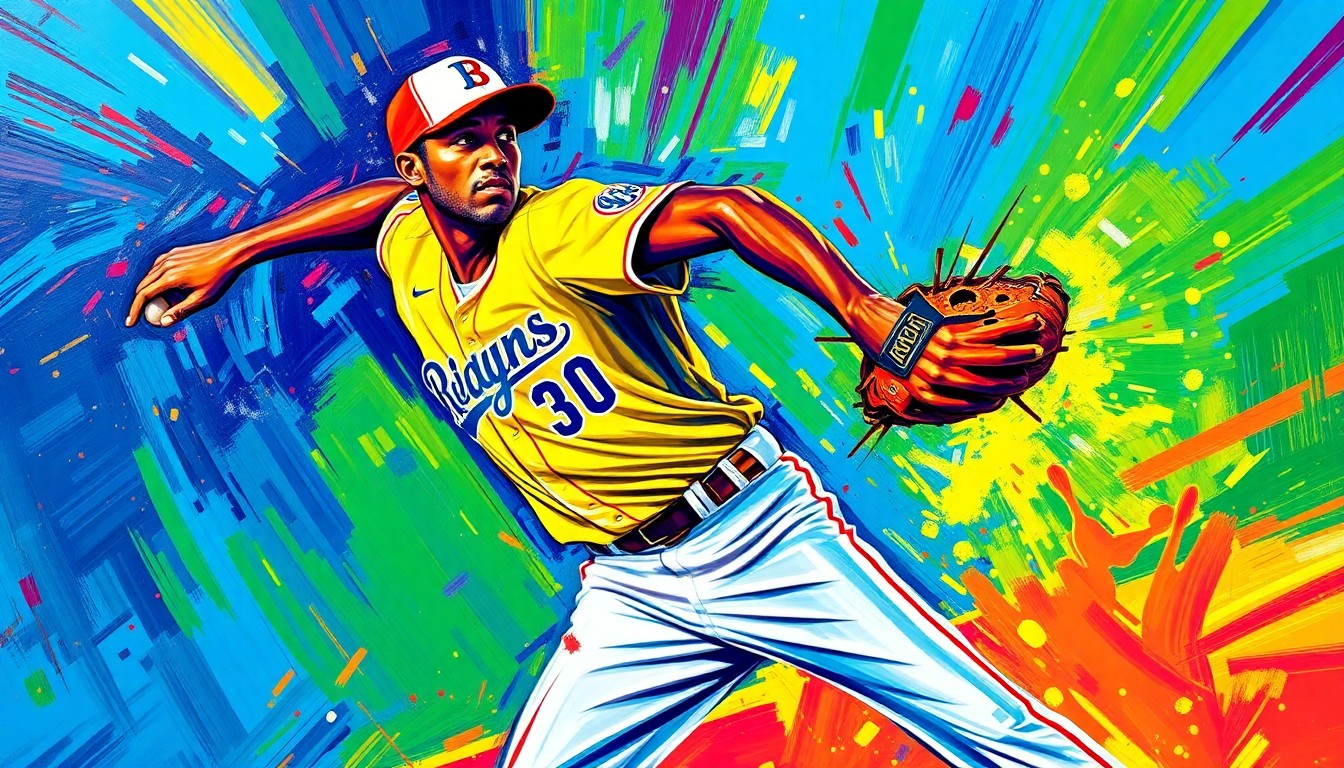 An abstract, energetic painting in neon colors depicting the powerful pitching motion of a baseball player, representing the signing of Mo'ne Davis by the Indianapolis Clowns Banana Ball team.