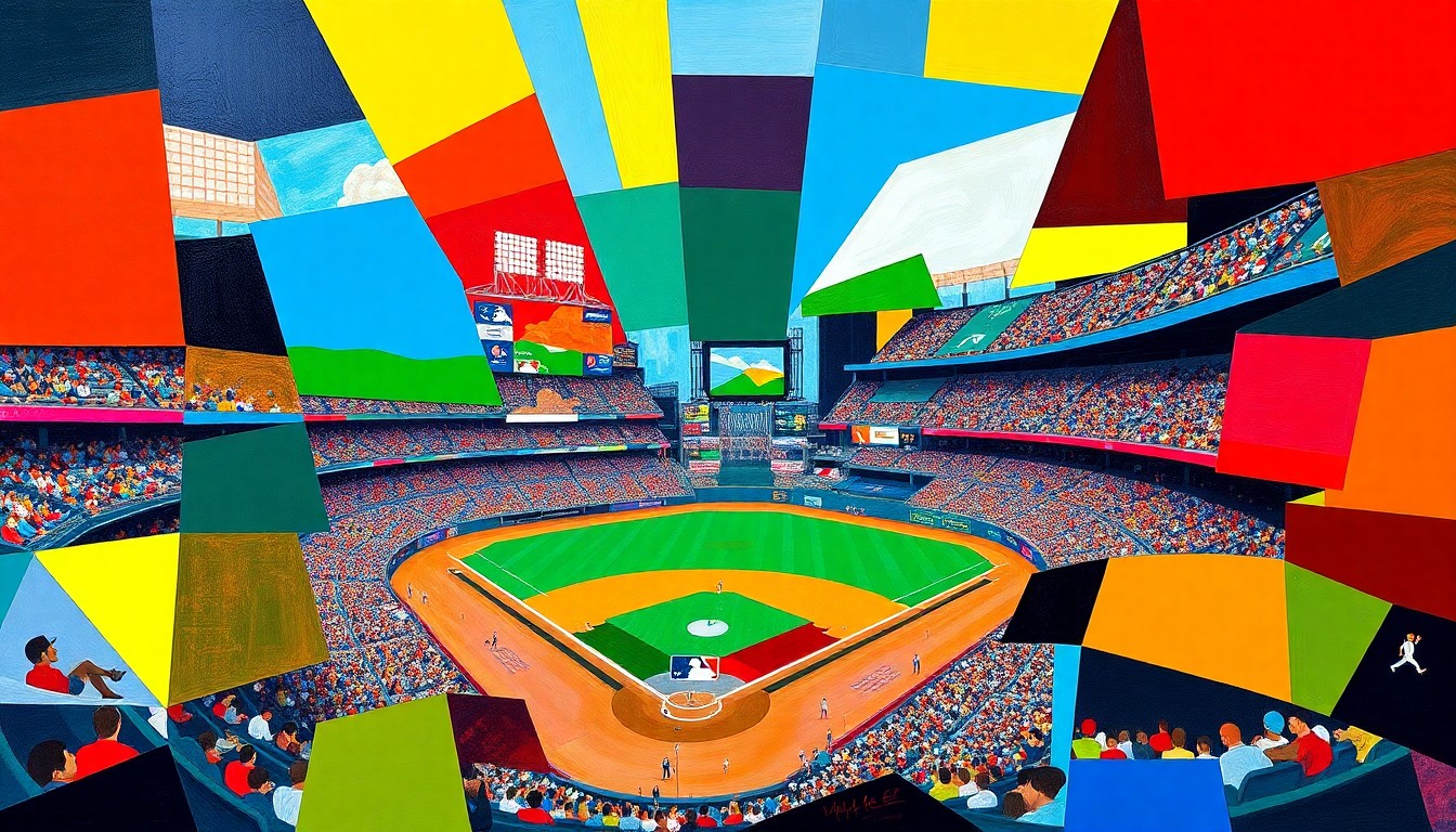 A cubist, geometric painting depicting a baseball game at Yankee Stadium, with the field and players broken down into overlapping planes of bright blue, red, and yellow.