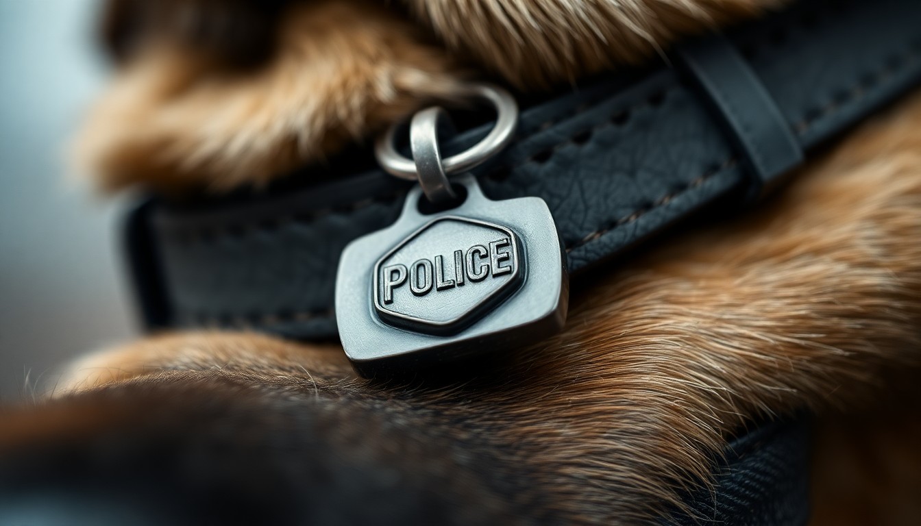 An extreme close-up photograph of a police K9's collar and tag, with the textured leather and metal details in sharp focus against a blurred background, conceptually representing the specialized equipment and resources needed to support a K9 unit.