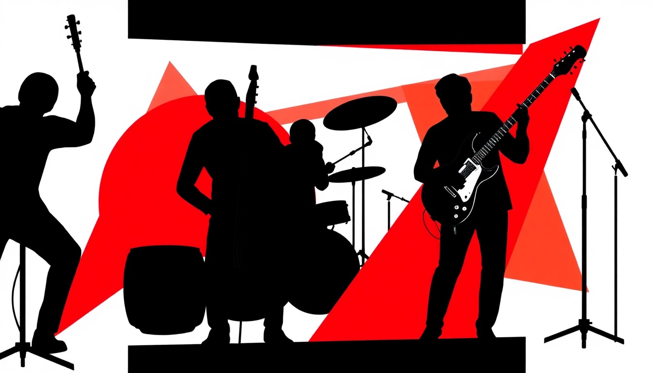 An abstract, minimalist poster design featuring bold black silhouettes of musical instruments and geometric shapes in high-contrast red and white, conveying the celebratory energy of a concert event.