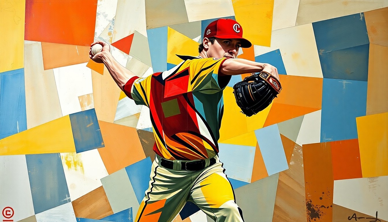 A fragmented, cubist-style painting depicting the throwing motion of a baseball pitcher, with the figure broken down into sharp, overlapping geometric shapes in shades of blue, red, and yellow, conveying the disruption caused by the player's season-ending injury.
