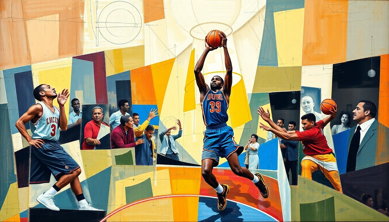 A cubist, geometric painting depicting a basketball game with sharp, overlapping planes of color and form, representing the defensive impact of player Victor Wembanyama.
